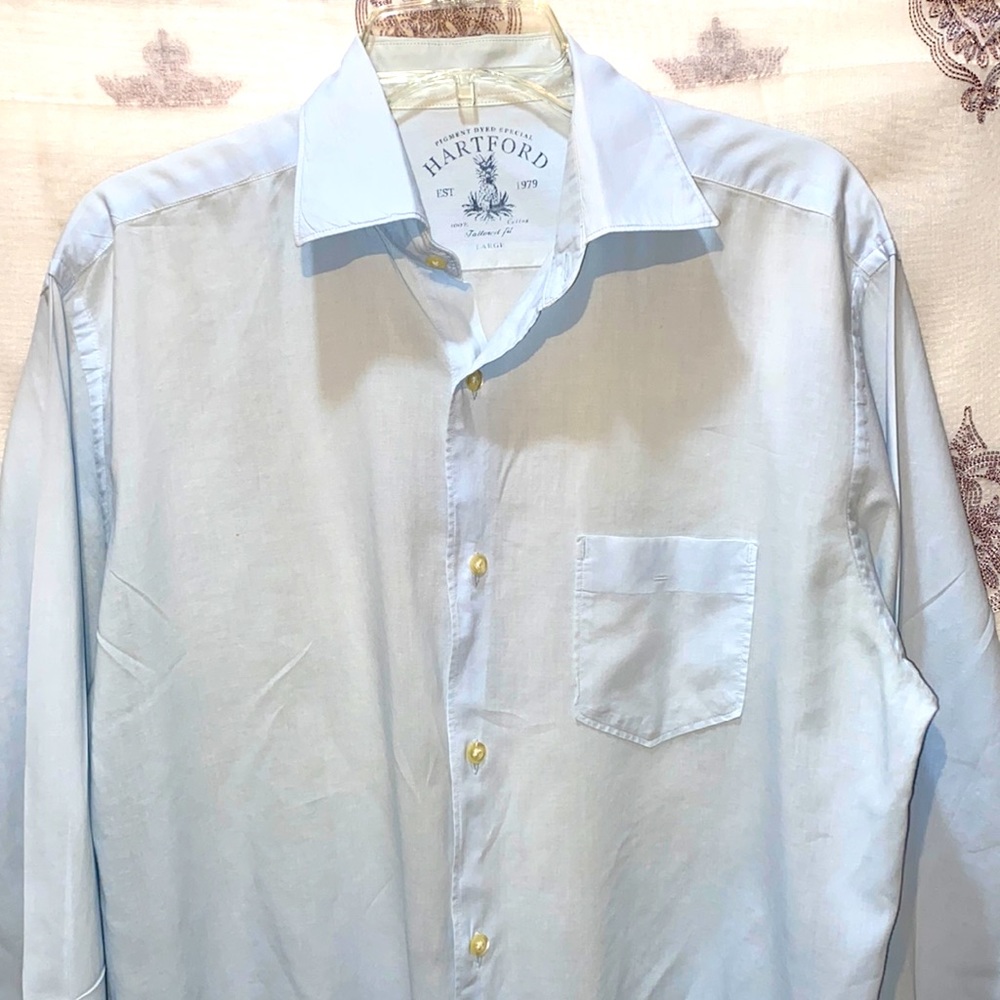 MEN HARTFORD COTTON PALE BLUE BUTTON DOWN DRESS SHIRT SZ LARGE